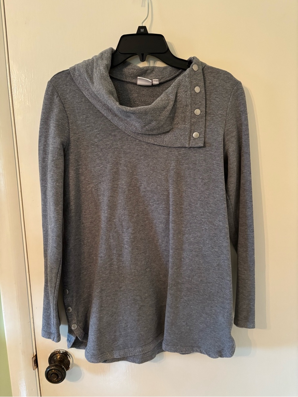 new directions Heather Gray Snap-Accent Cowl Neck Sweater
